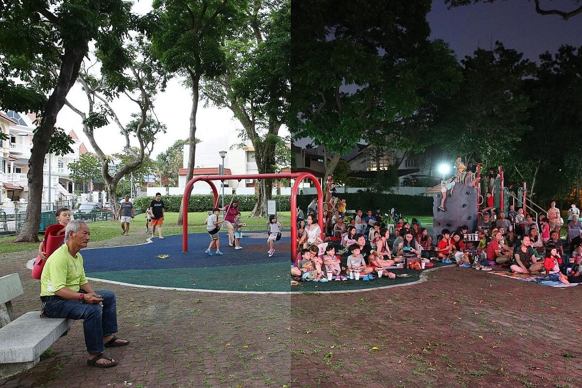 5.54pm, March 10, 2018 (left): Children having fun on the swings at the Clover Crescent Playground. 7.44pm (right): Nearby residents are already seated in their choice spots, ready to enjoy an outdoor movie screening of Spider-Man: Homecoming, with help f