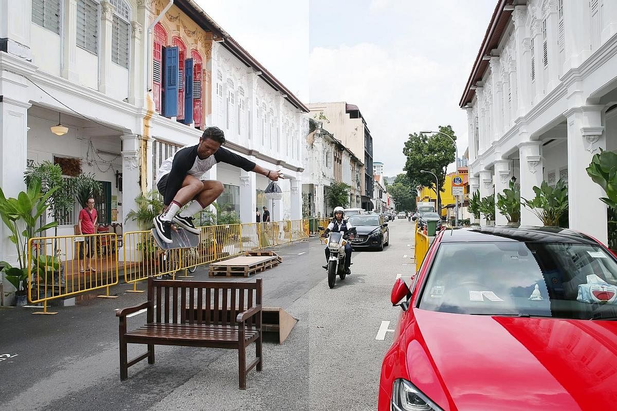 1.08pm, Jan 20, 2018 (right): The usual flow of traffic on a Saturday on Aliwal Street. 4.26pm (left): A skateboarder flies through the air over a bench in the middle of the road - and yes, it's within the law. The road and carpark are temporarily closed 