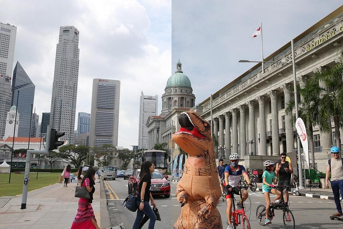 9.52am, Jan 28, 2018 (right): Joggers, cyclists, trishaw riders and many on personal mobility devices - as well as a T-Rex on a skateboard - take over St Andrew's Road during the year's first Car-Free Sunday. It is helmed by Urban Redevelopment Authority 
