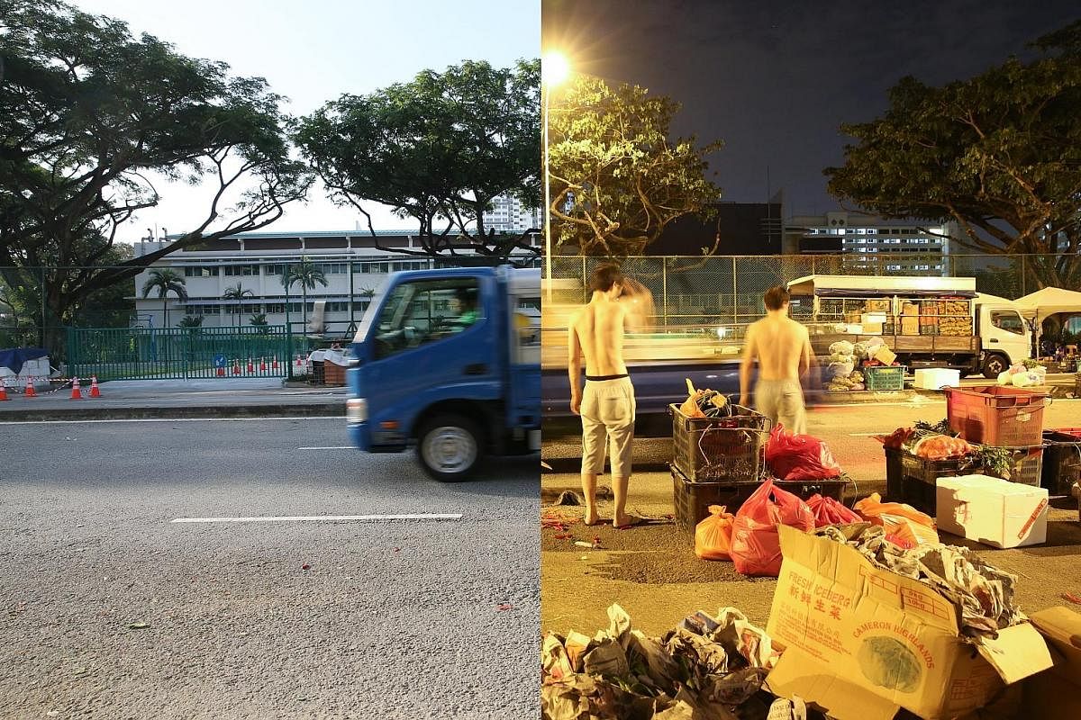 4.48am, Jan 9, 2018 (right): A makeshift market starts to pack up. The market, which forms on a road at Toa Payoh East before midnight, sells vegetable produce to market stall holders and a handful of early risers, mostly aunties out for a bargain. The ve