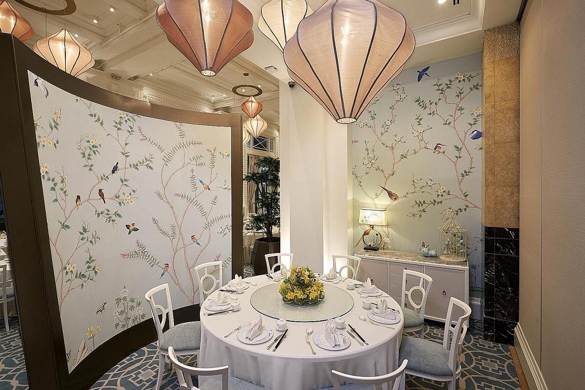 Asian touches at Jade restaurant (above) include the chinoiserie-style wallpaper on dividing screens (above left).