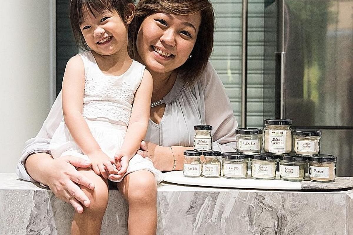 Ms Melody Zhuang Huiru (right, with her third child, seven-month-old Keily), co-founded The Baking Symphony, which sells pasta and noodles made from ingredients such as beetroot, sweet potato and blue pea flower. Lilo Premium Ikan Bilis Powder's Fern