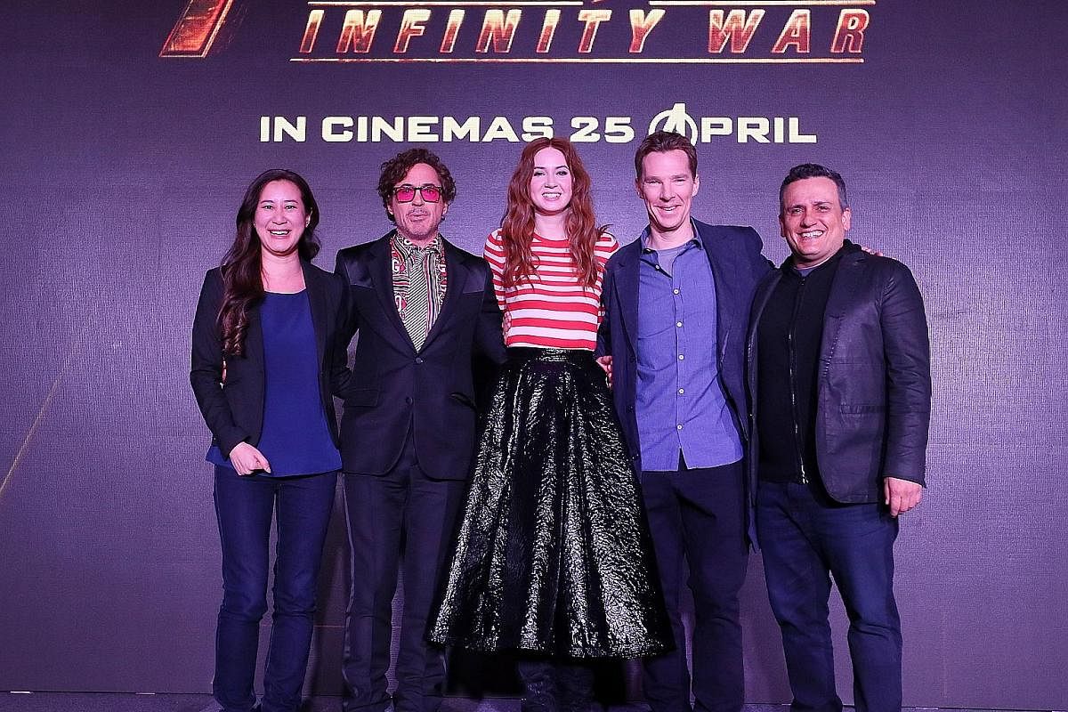 (From far left) Executive producer Trinh Tran, actors Robert Downey Jr, Karen Gillan, Benedict Cumberbatch and director Joe Russo at the Marvel  Avengers: Infinity War press conference at Marina Bay Sands Expo and Convention Centre on Sunday. (From