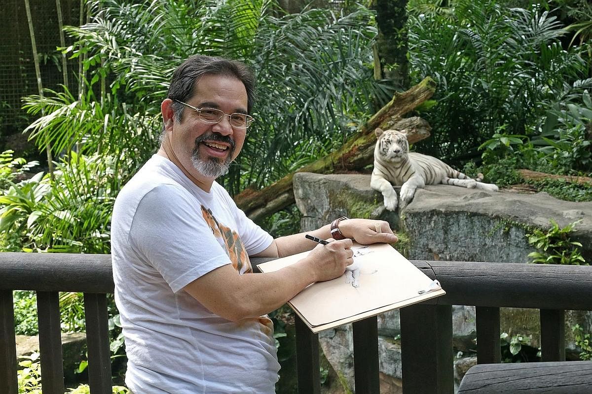 Mr Philip Garcia's drawings include those of (from left) Inuka the polar bear, white rhinos, a zebra and the skeleton of a sperm whale. Big cats such as tigers are among Mr Philip Garcia's favourite subjects.