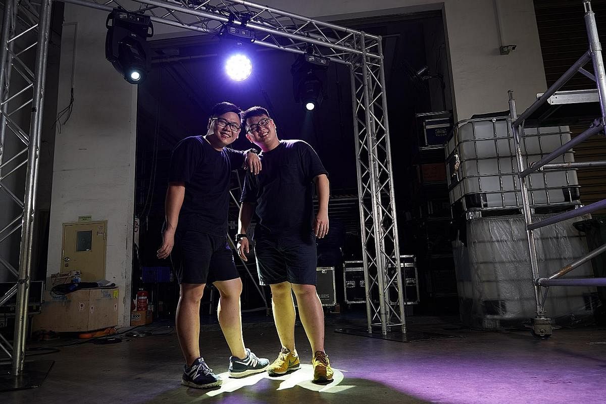 Freelance lighting engineer Tay Zhao Kai (left) and sound engineer Tay Zhao Xuan learnt the trade mostly by asking seniors for tips and watching YouTube videos.