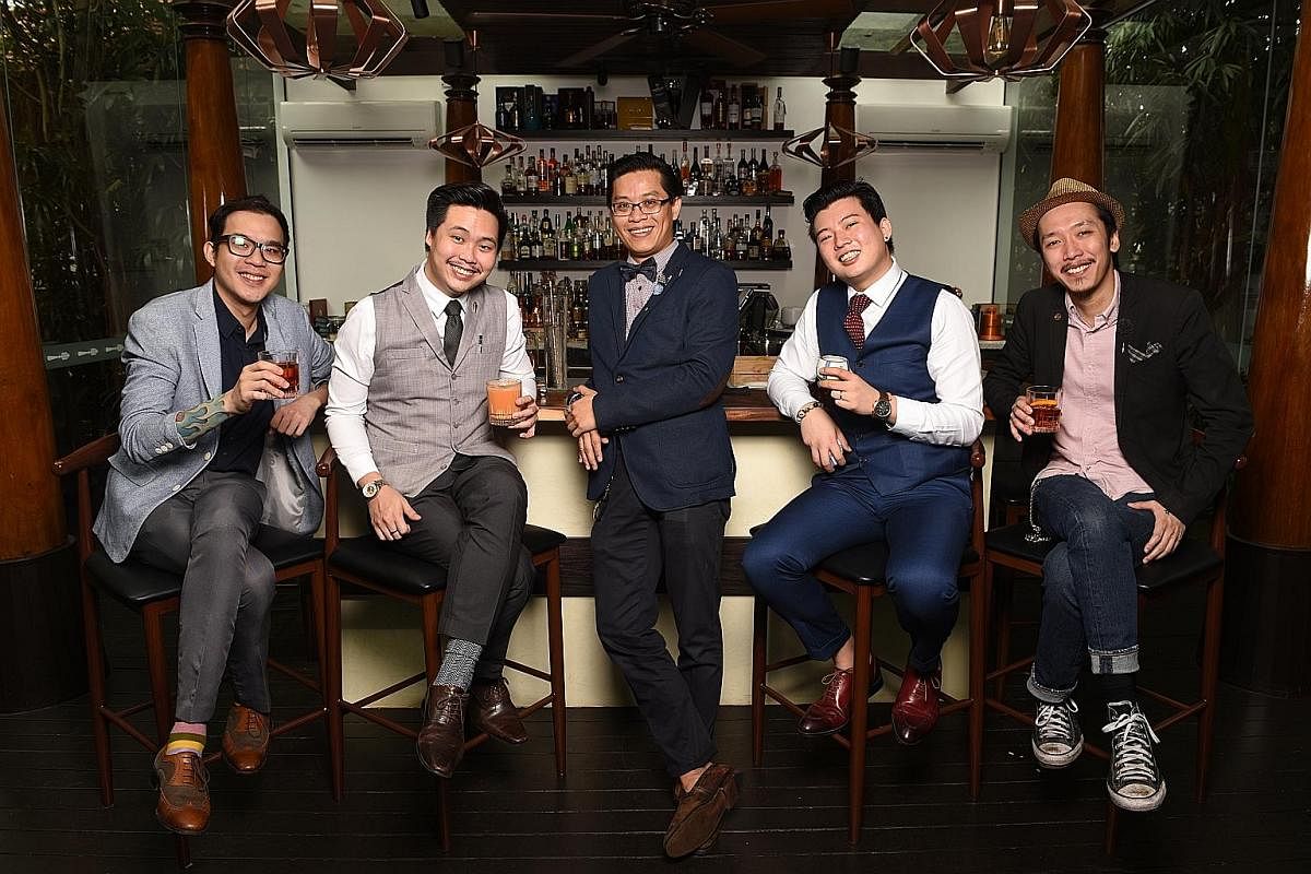 (From far left) Mona Lounge's Sam Wong, Amrith's Edwin Poh, BarSmiths Hospitality's Mark Tay, Ah Sam Cold Drink Stall's Ong Jun Han and The Wall's Jeremie Tan are part of a series of guest shifts under the banner of Band Of Brothers For Good, held du