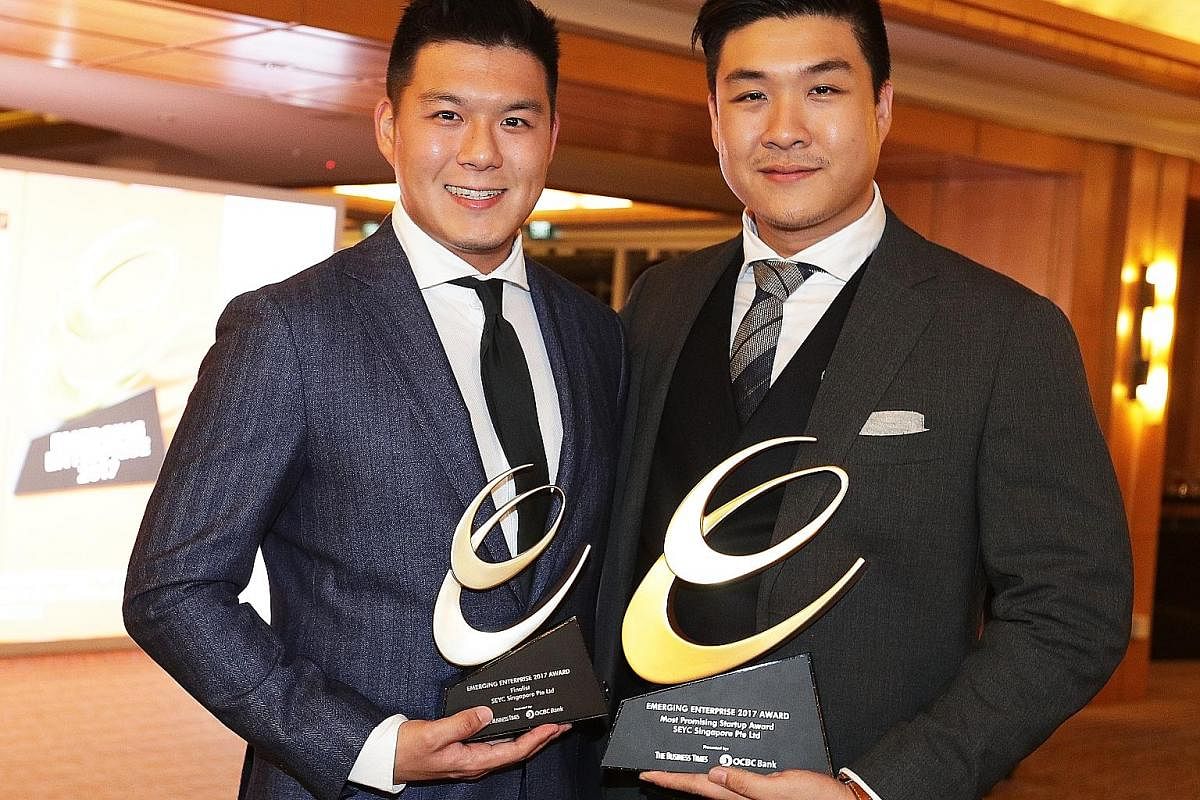 Mr Christopher Hwang (left) and Mr Jonathan Shen at their two-month-old store at Ion Orchard. They are working on new products with a new flavour. Mr Christopher Hwang (left) and Mr Jonathan Shen with their Most Promising Startup Award at the Emergin