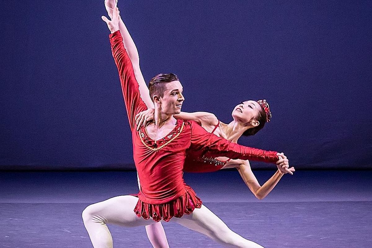 Singapore Dance Theatre dancers Etienne Ferrere and Chihiro Uchida during a performance of Rubies by George Balanchine at Ballet Under the Stars in 2015.