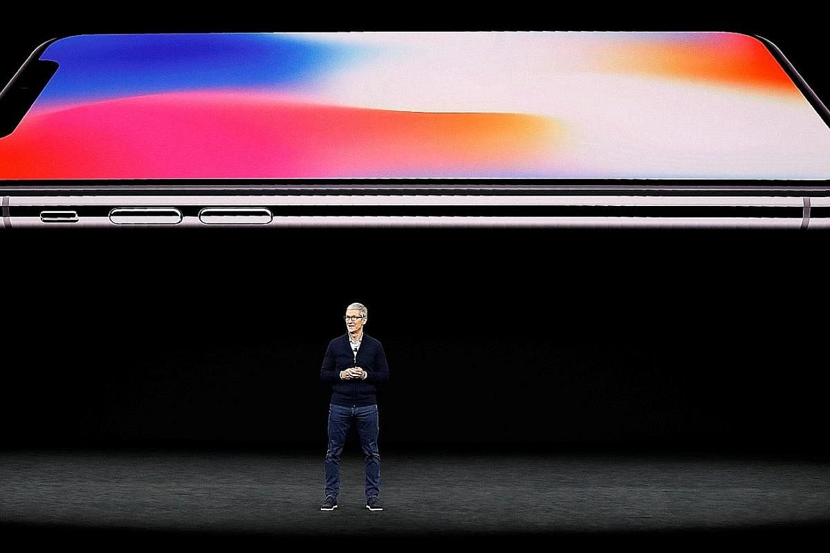 Mr Tim Cook, chief executive officer of Apple, speaks about the iPhone X during a launch event in Cupertino, California, in September last year.