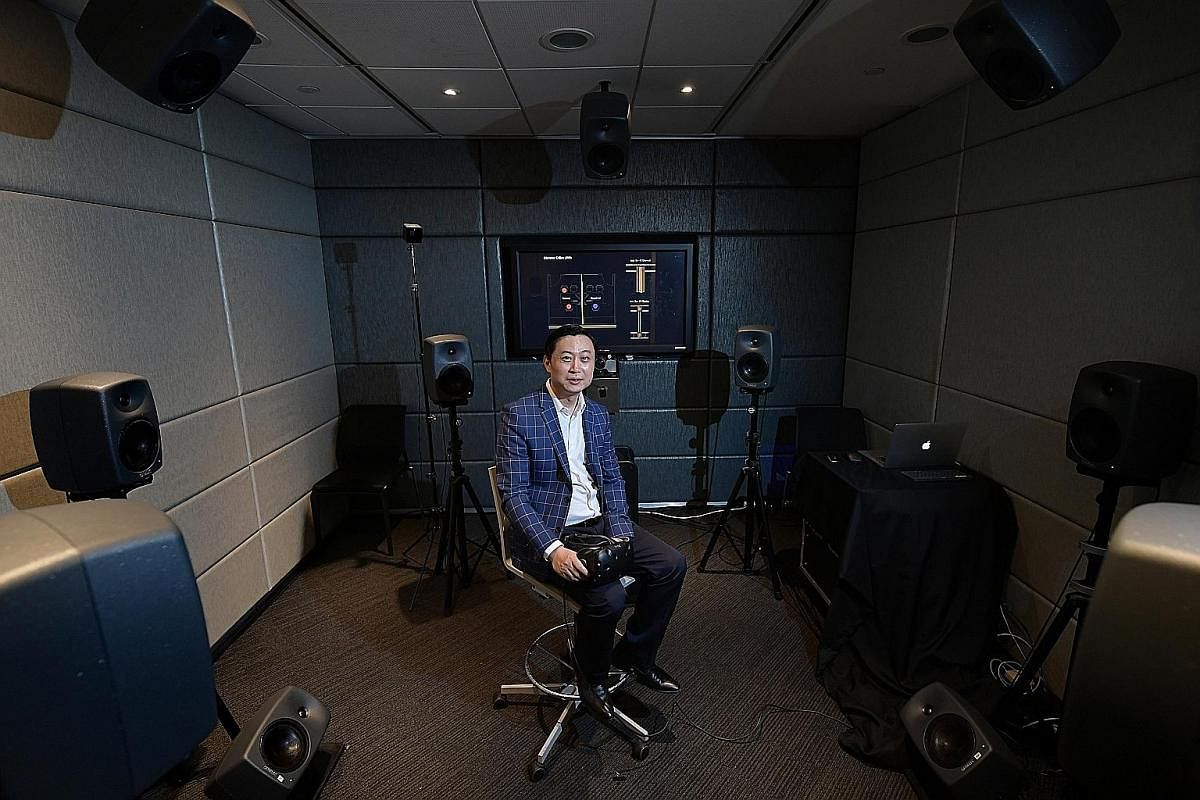 Managing director Ben Breen of design consultancy Space Matrix in a private phone booth at his company. Arup's associate principal acoustic and audiovisual engineer Xu Jingfeng (above) at the firm's SoundLab.