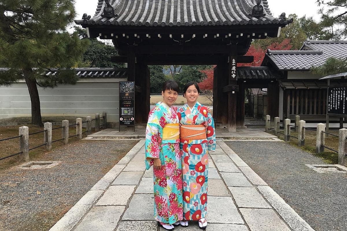 Student Kymberly Tay wore a kimono in Japan with her mother Glenice Toh and, in return, Ms Toh took a roller-coaster ride with her at Universal Studios Japan.