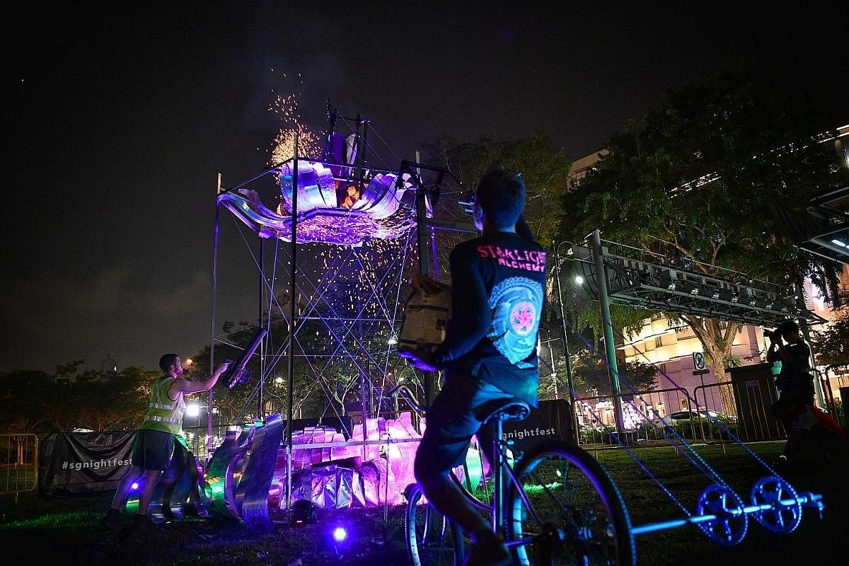 Ember Rain by Starlight Alchemy at Cathay Green creates a downpour of sparkling embers as visitors pedal a bicycle which feeds the charcoal fire. Basque group Deabru Baltzak will take to the streets with rhythmic percussion and pyrotechnics. These pu