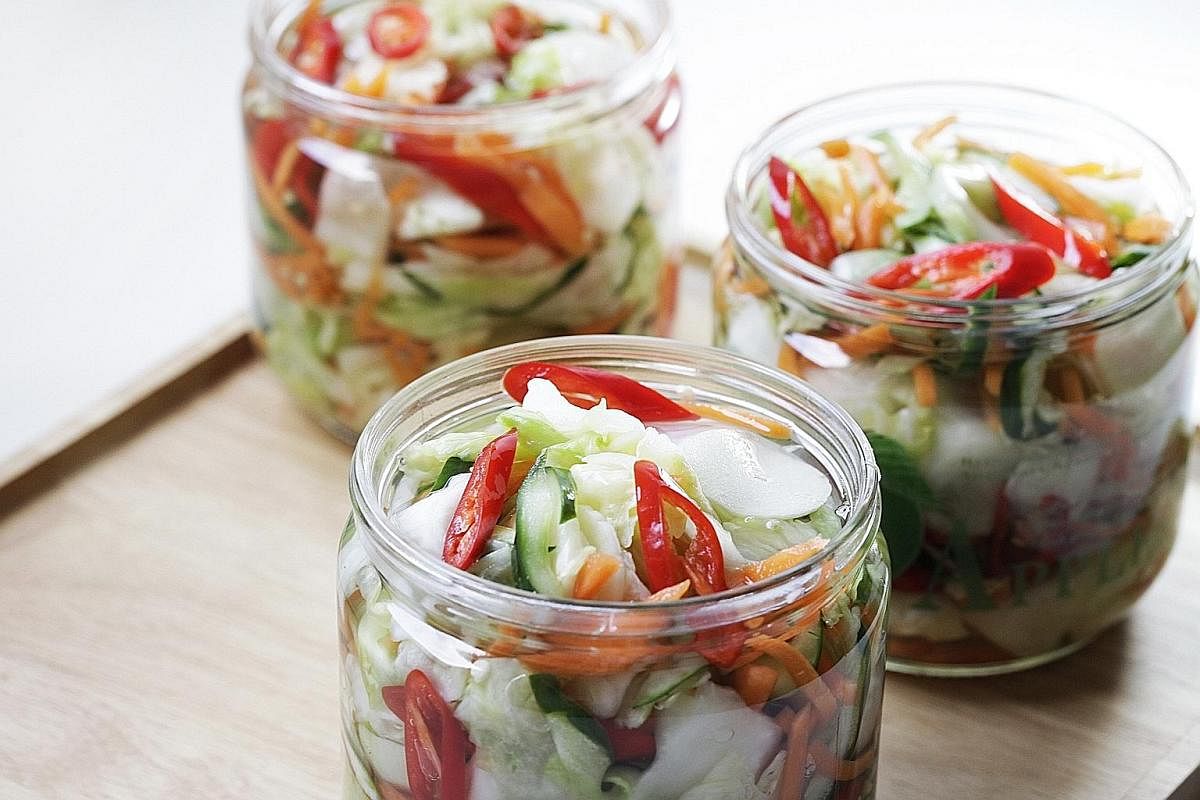 When it comes to pickling, basic vegetables like green or Beijing cabbage, carrot, Japanese cucumber and red chilli add verve and colour.