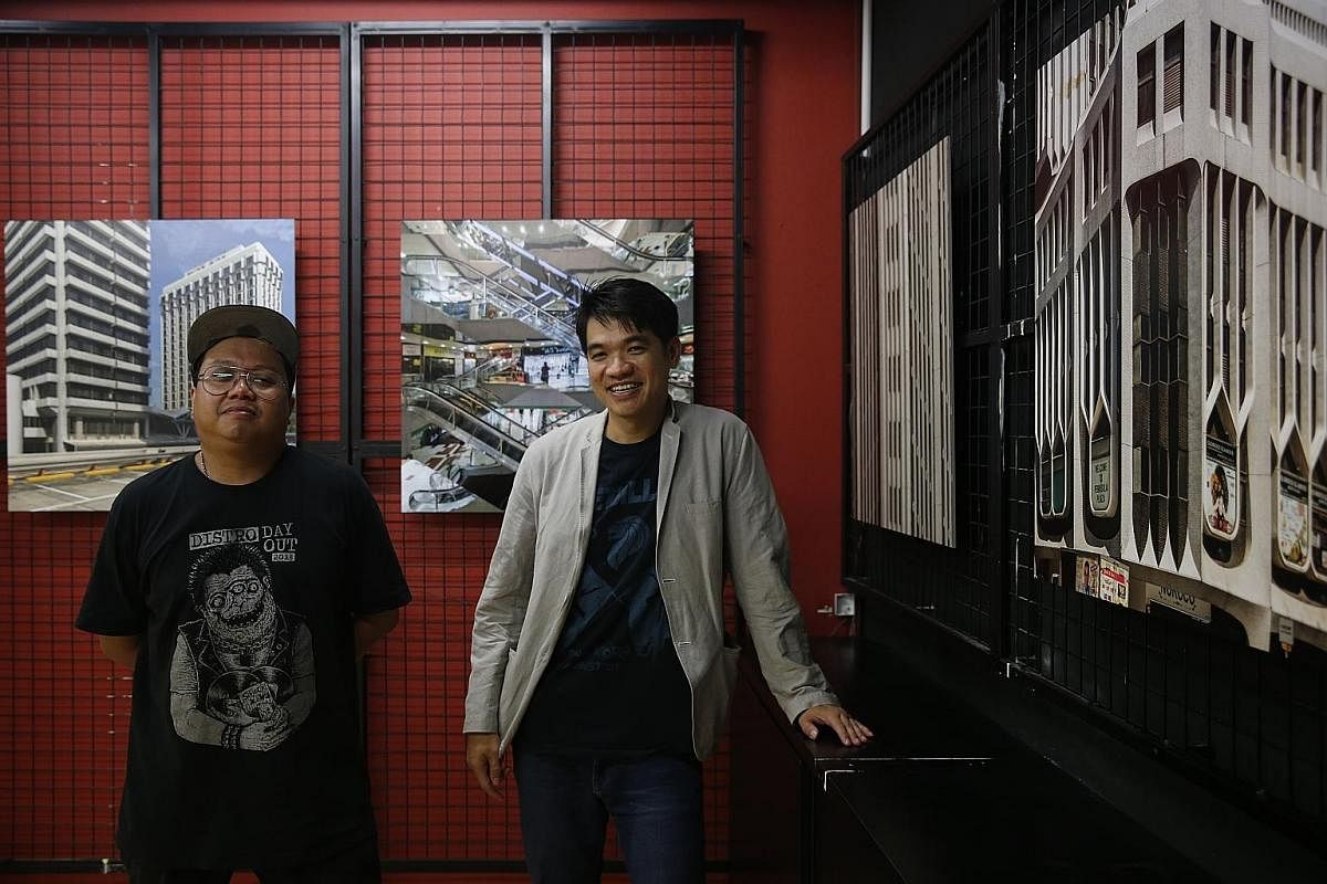 Artist Shaiful Risan (far left) and Assistant Professor Liew Kai Khiun are curators of The Mall Museum, a temporary walk-in exhibition that is taking a look at some of the older shopping complexes in Singapore.