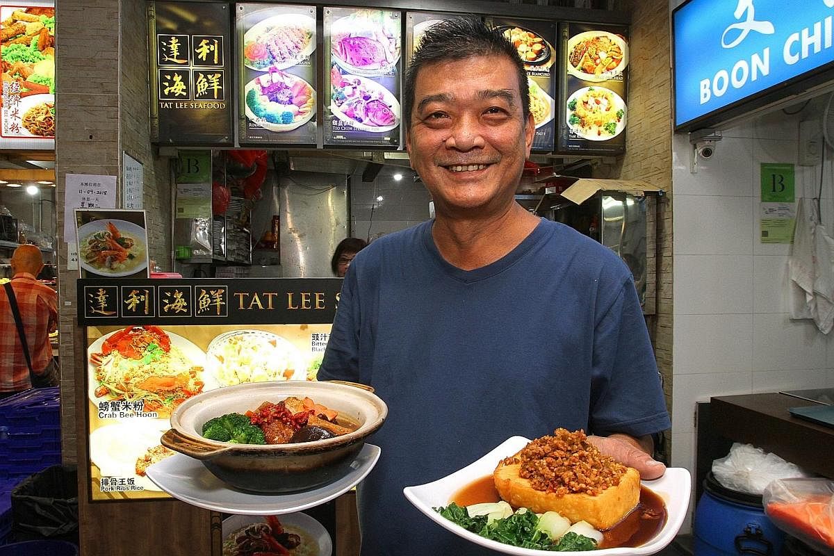 Tat Lee Seafood owner Sing Cheo Liang with its Treasure Pot Kampung Chicken (far left) and Cai Xiang Tofu, which are not on the menu.  Fatty Fong Seafood Restaurant head chef Tan Woei Lum and his sister and stall owner Tan Yoke Fong with their Sea 