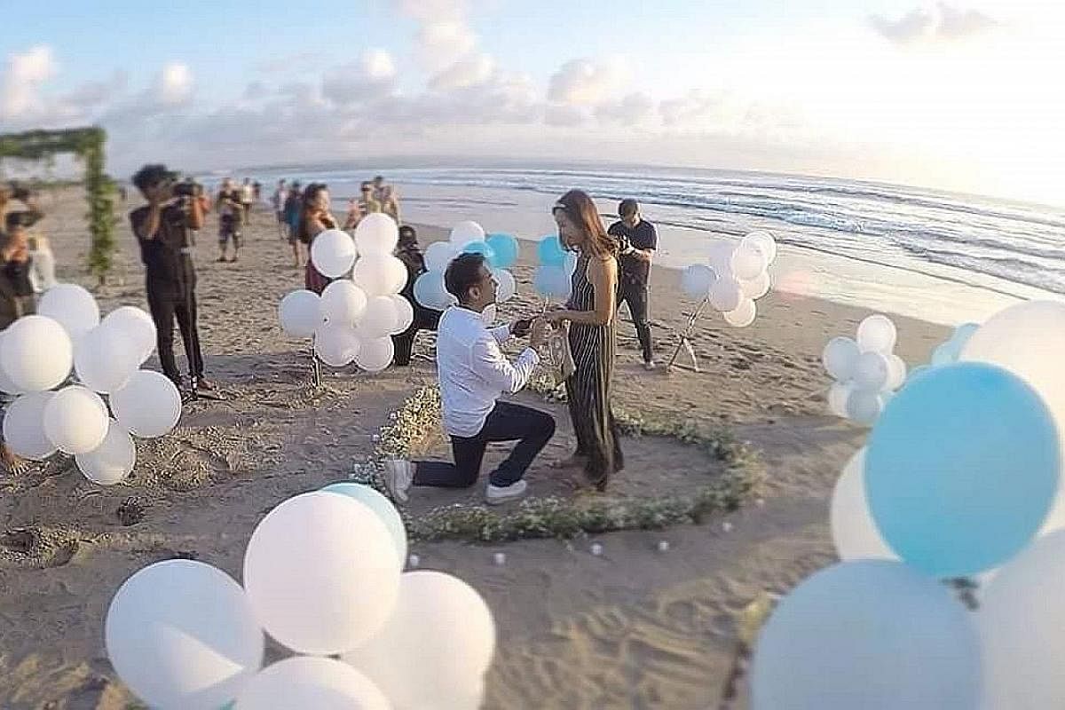 Mr Andrew Ho proposed to Ms Anna Phua (both above) publicly in a large-scale event last year involving flash mobs, dancing and Care Bears, her favourite cartoon, at Resorts World Sentosa here. Mr Jay Tay proposed to Ms Teng Hui Li at a beach in Bali 