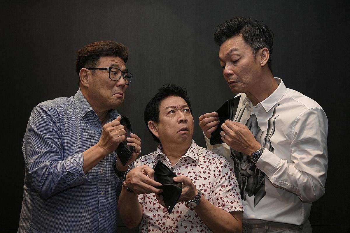 Money No Enough's (from left) Jack Neo, Henry Thia and Mark Lee re-create a 1998 shot (left) in a recent photo shoot. The movie is part of the Singapore Media Festival's Singapore Classics Reignited film programme.