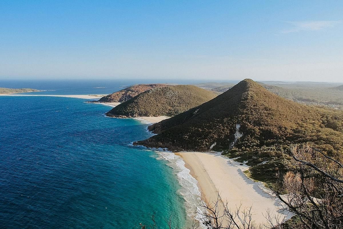 Above: At Birubi Point, take a ride on a camel on Stockton Beach. Below: Hop on a dolphin-watching cruise at Port Stephens. Glamping site Sierra Escape has a tent with a bathtub on the verandah overlooking the Australian bush. Above: Take in the vast
