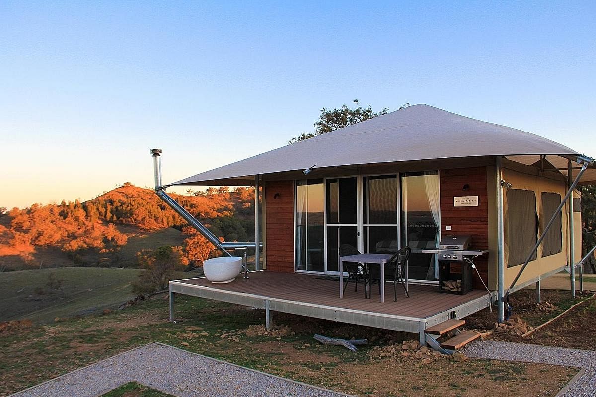 Above: At Birubi Point, take a ride on a camel on Stockton Beach. Below: Hop on a dolphin-watching cruise at Port Stephens. Glamping site Sierra Escape has a tent with a bathtub on the verandah overlooking the Australian bush. Above: Take in the vast