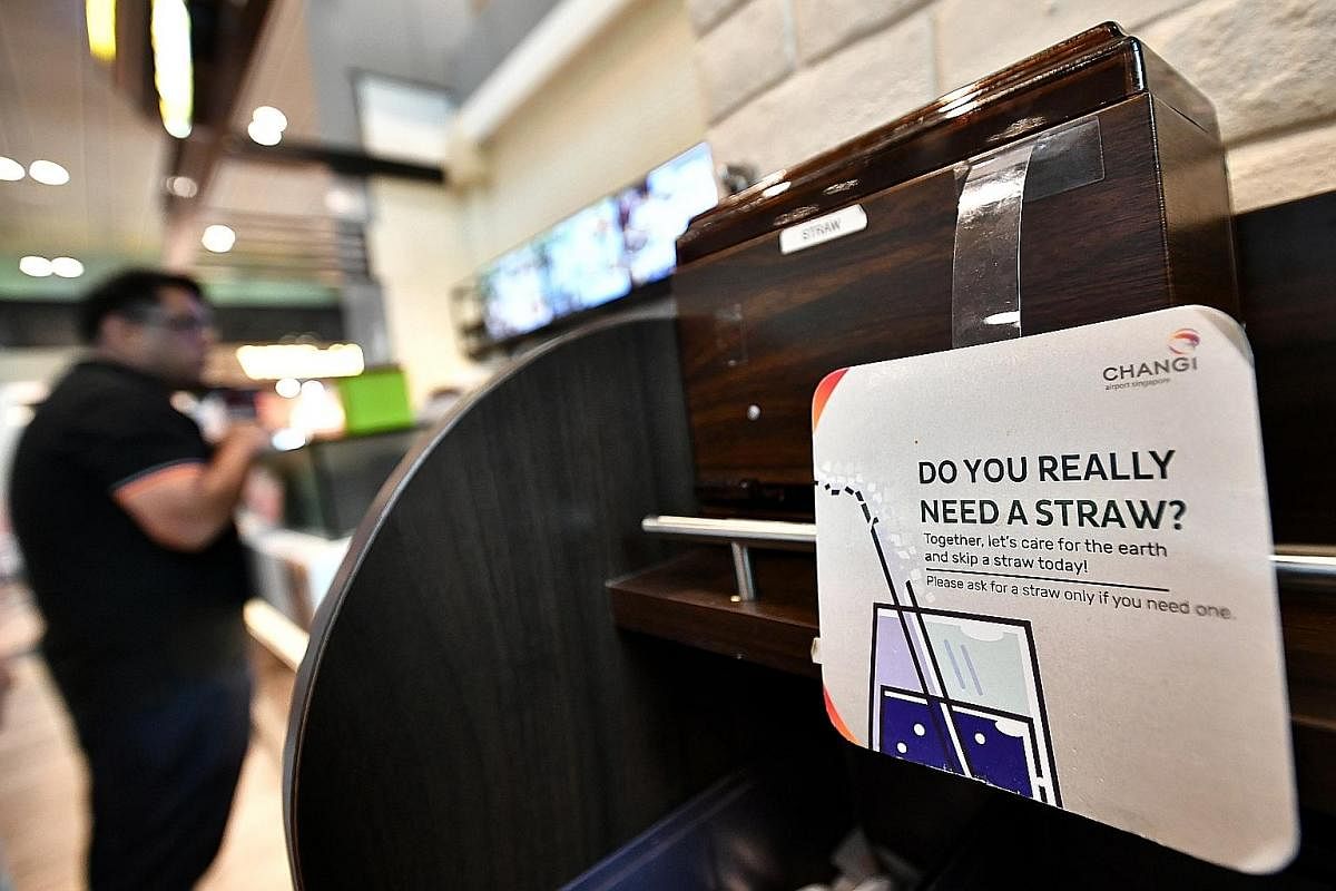 Resorts World Sentosa recently stopped providing single-use plastic straws across its attractions, as well as at its celebrity chef restaurants. A notice on a straw dispenser at the OldTown White Coffee outlet in the departure hall of Changi Airport 