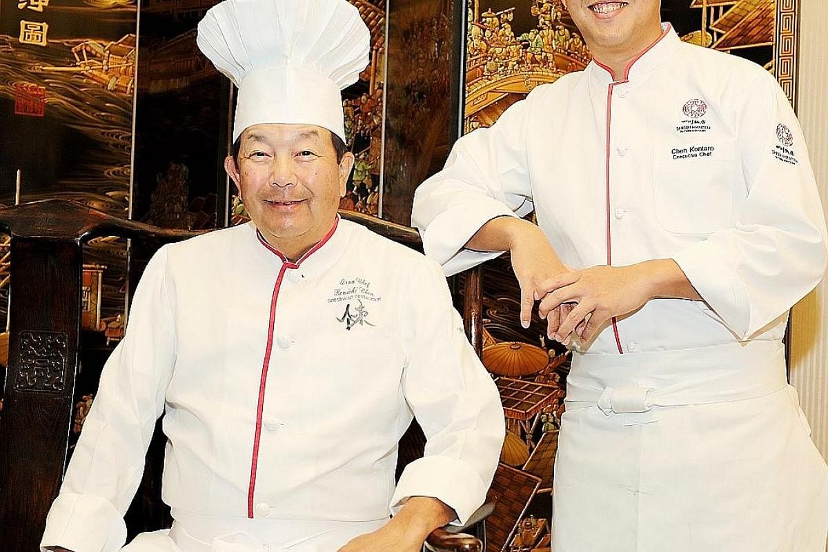 Chef Chen Kenichi (left) now leaves the running of the Shisen Hanten restaurants to his son, chef Chen Kentaro (right).