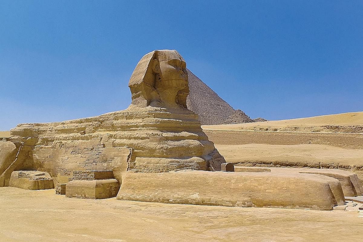 The Great Sphinx of Giza stands on the Giza Plateau on the west bank of the Nile river.
