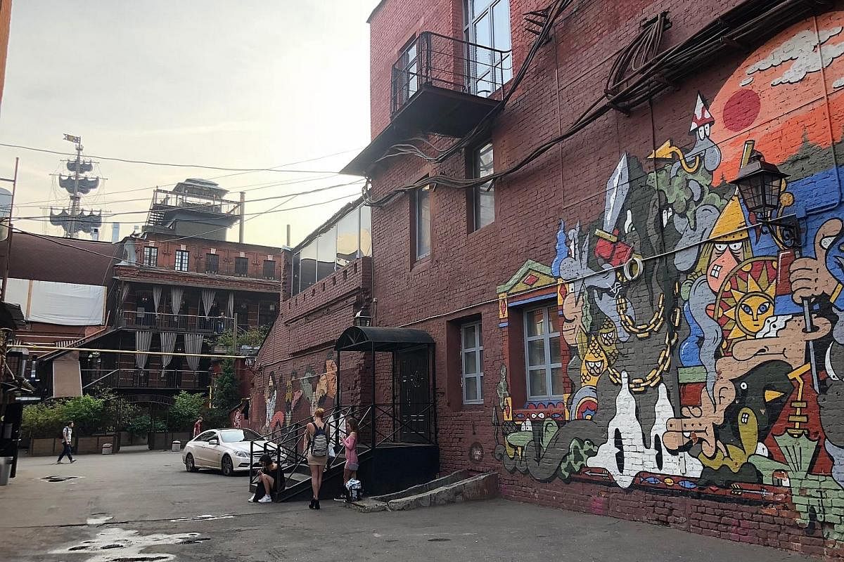 The city has quite a few bars and cafes located discreetly underground, with only their entrance peeking out at ground level. (above). Red October (right) is a former chocolate factory which has become an art and culture enclave. Take a stroll along 