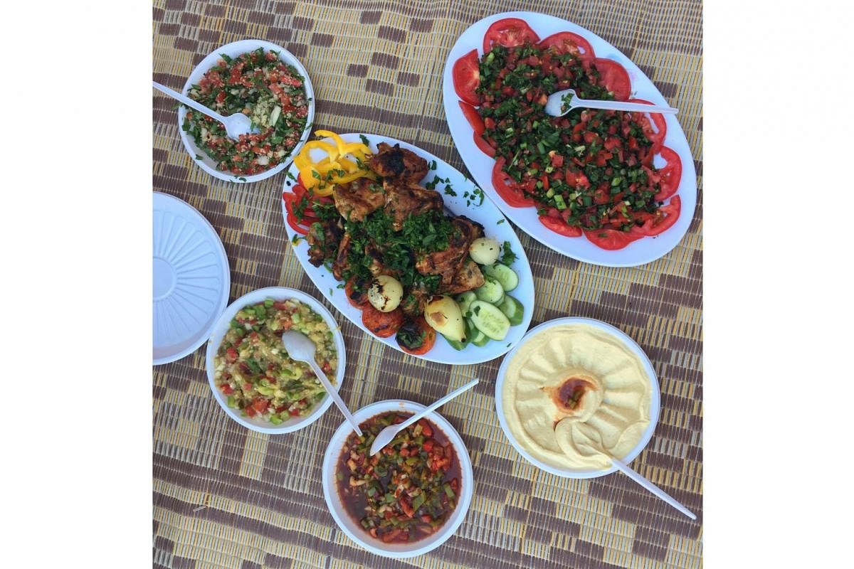 A beautifully plated lunch of salads, hummus and tender smokey chicken eaten in the middle of the desert. 