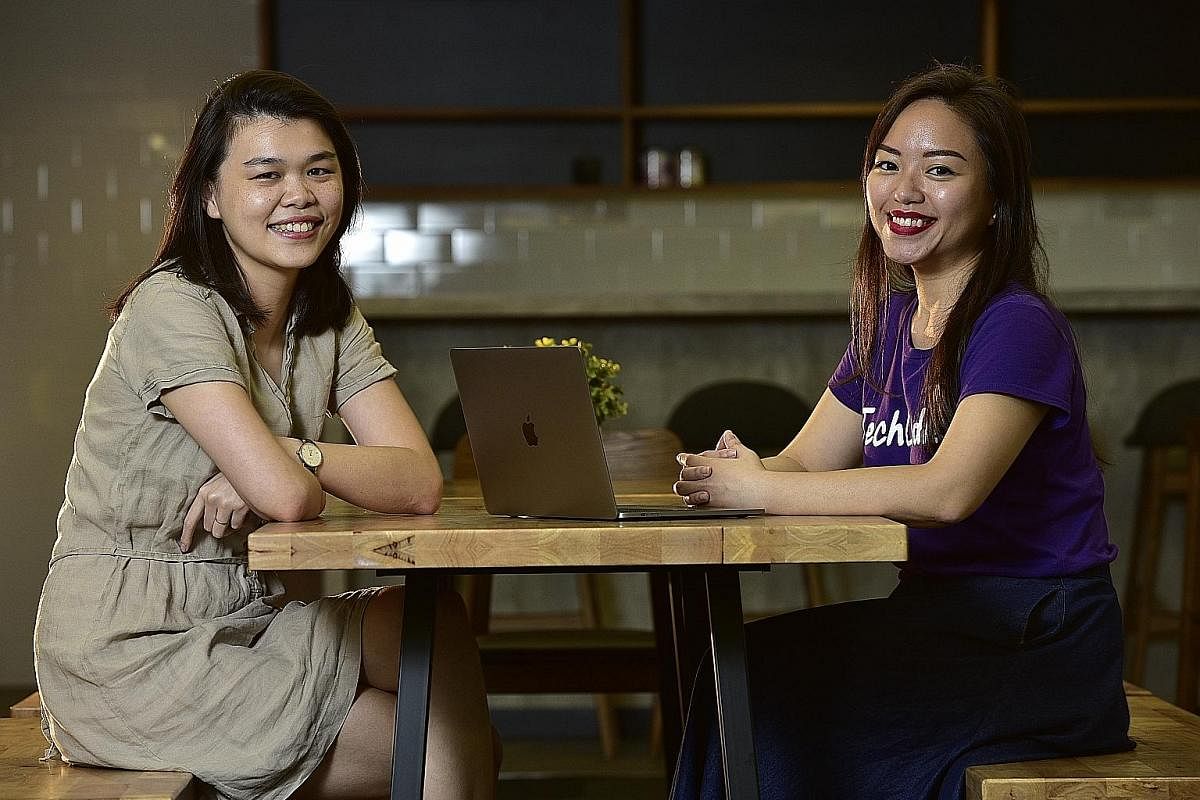Ms Ann Luo, founder and chief executive of CodingGirls, a community coding organisation in Singapore, said perception is slowly shifting here. Ms Toh Hui Min (far left) quit her job in the finance industry to become a developer after attending a codi