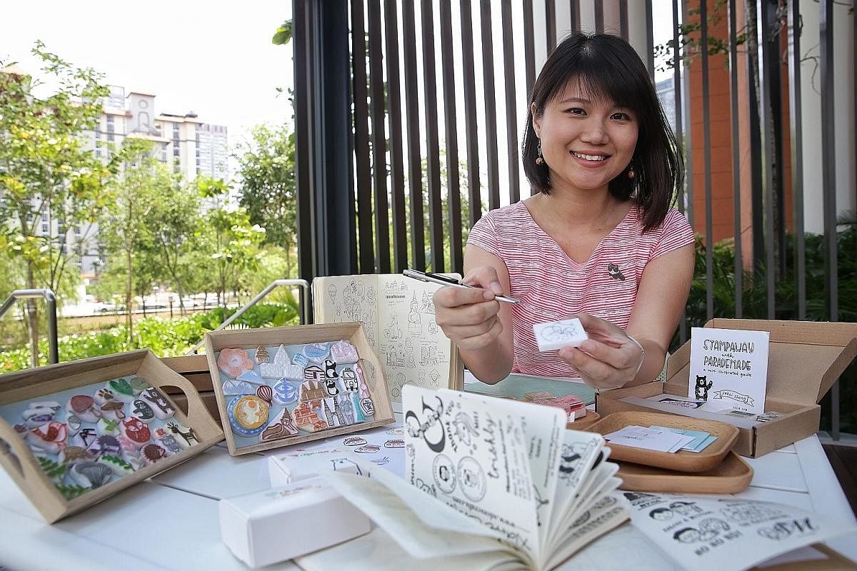Stamp-making business ParadeMade founder Zheng Jiahui, who used to be a public servant, carves about 40 customised stamps each month, on top of holding stamp-making workshops.