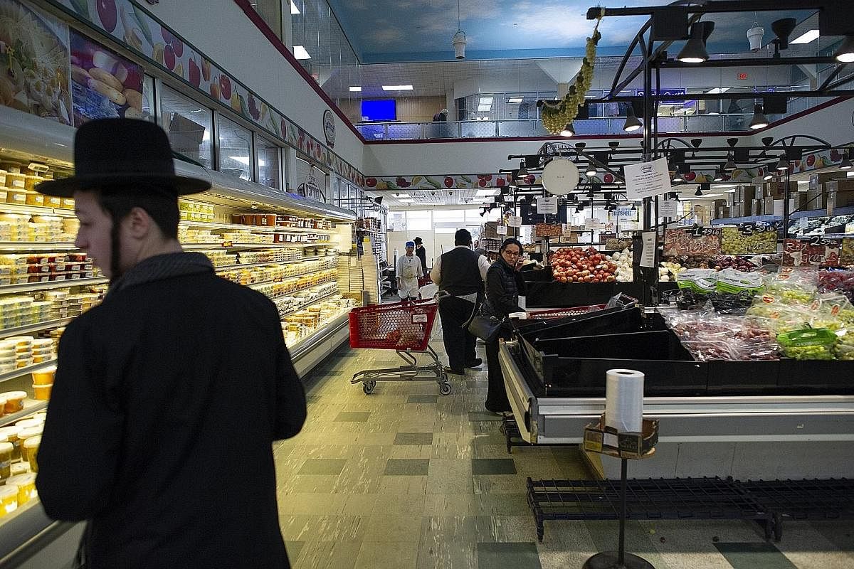 A supermarket popular among the Orthodox Jewish community in Monsey, Rockland County, New York. A measles outbreak in the county has sickened scores of people and intensified smouldering tensions between the rapidly expanding and insular ultra-Orthod