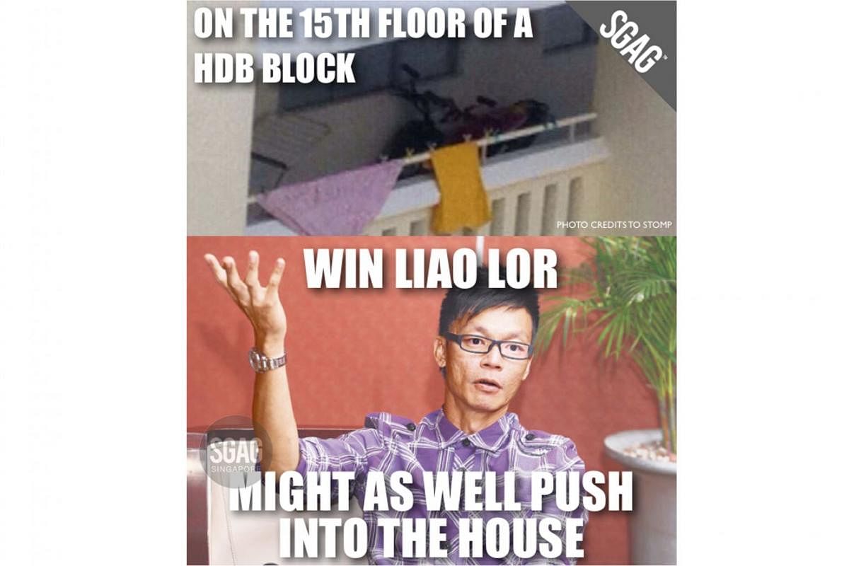The Win Liao Lor meme uses an image of Singapore actor Mark Lee, often as a form of backhanded praise, such as in this case, where home-grown meme account SGAG combined it with a photo of a motorcycle spotted along the common corridor of a Housing Board b