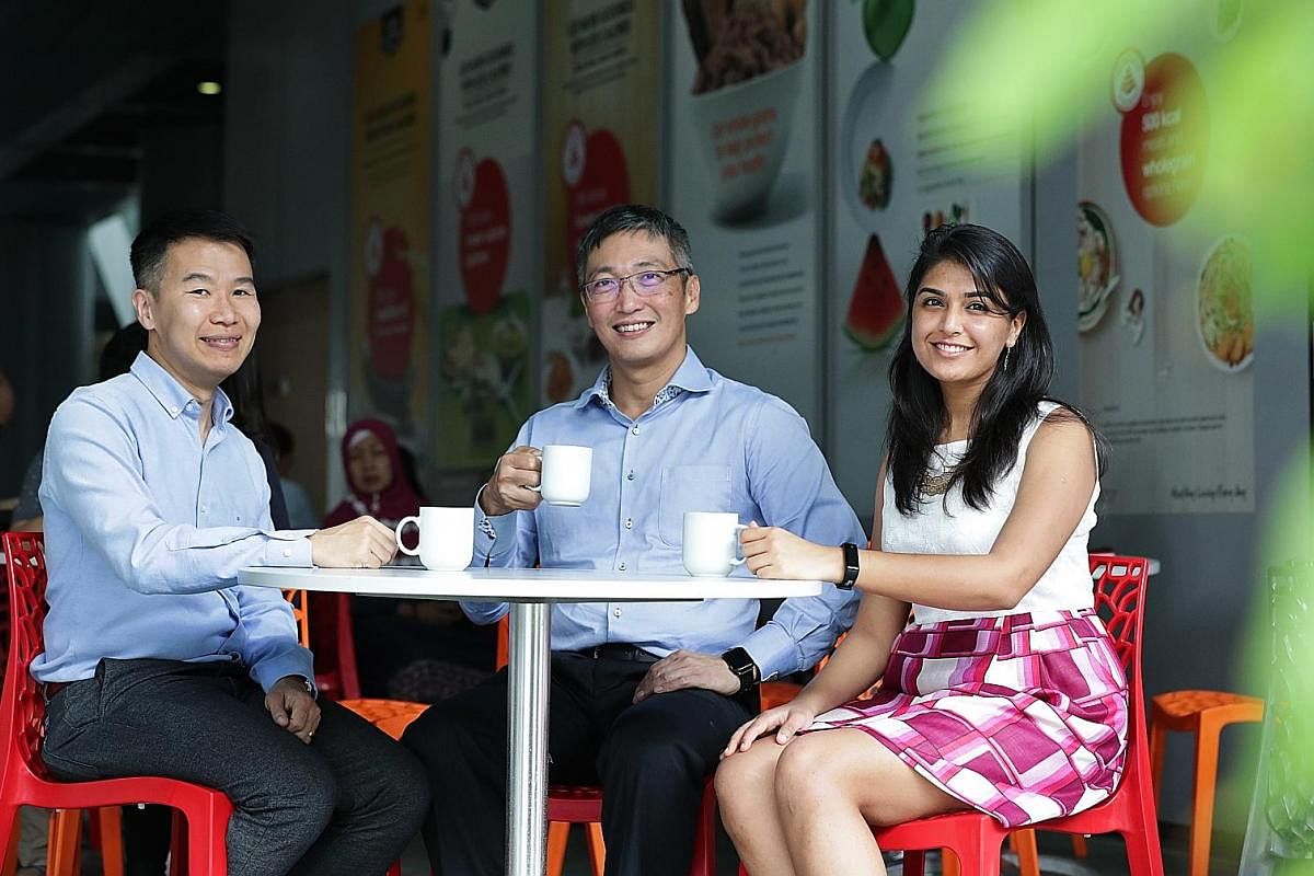 Health Promotion Board chief Zee Yoong Kang (centre), with colleagues William Neo, 40, assistant director of the National Healthy Population division, and Shrutika Mangharam, 26, manager, Strategic Planning and Collaboration.