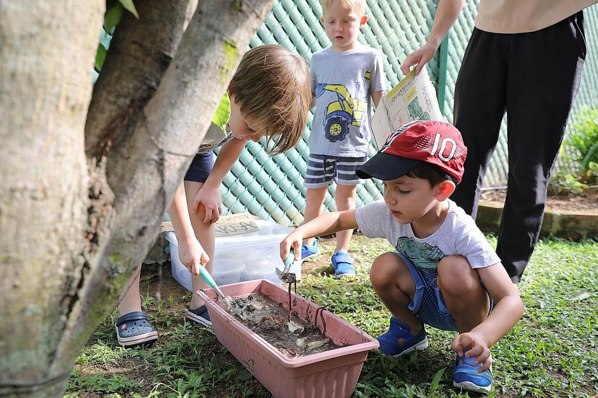At The Garden House Preschool in Bukit Batok, the children spend at least an hour each day in its vegetable and fruit garden, and love digging up worms from the compost heap. At Shaws Preschool @ Mountbatten Road, the children sift through used or do