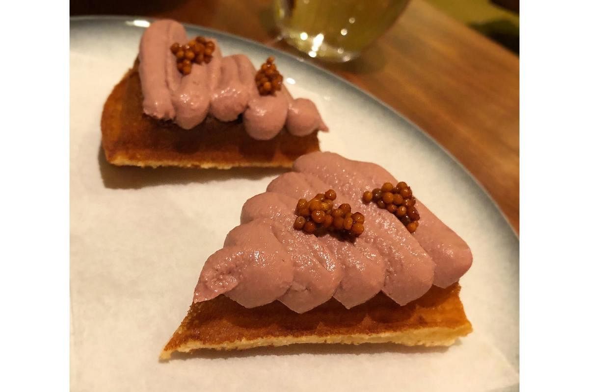 Waffle comes with a smooth and light chicken liver parfait.