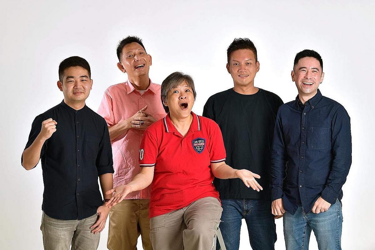(From far left) Best Original Script winner Thomas Lim, 28, Best Supporting Actor Jeremiah Choy, 57, Best Supporting Actress Tan Beng Tian, 53, and Best Multimedia winners Koo Chia Meng, 35, and Andrew Ng, 36.