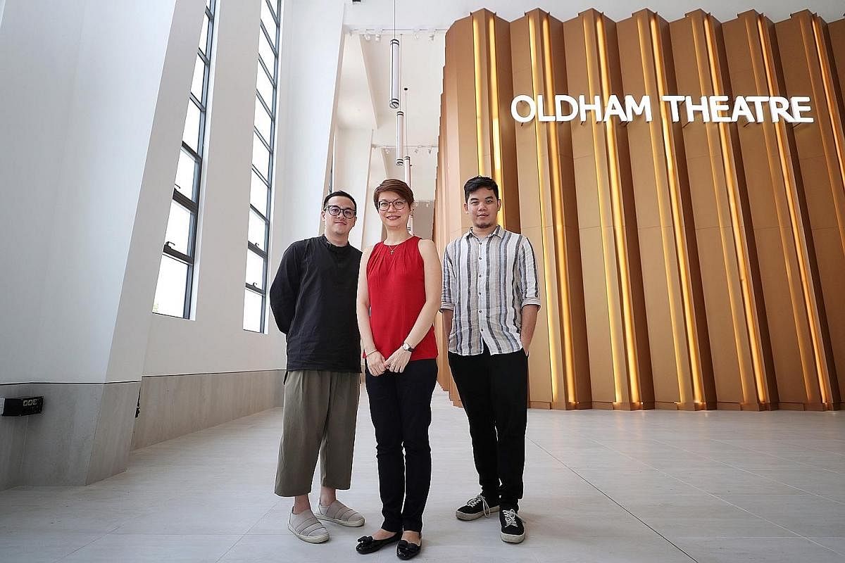 Executive director of the Asian Film Archive Karen Chan (centre) with archivist Chew Tee Pao (left) and programmer and outreach officer Thong Kay Wee at Oldham Theatre in the National Archives of Singapore.
