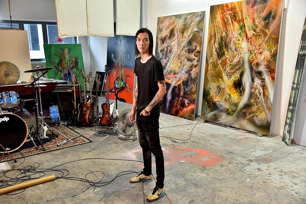 Artist Kanchana Gupta's studio in MacPherson is where she experiments with compressing material into solid blocks of colour for her upcoming show. When he is not busy painting works for his new show in Milan, artist Ruben Pang is jamming with his ban