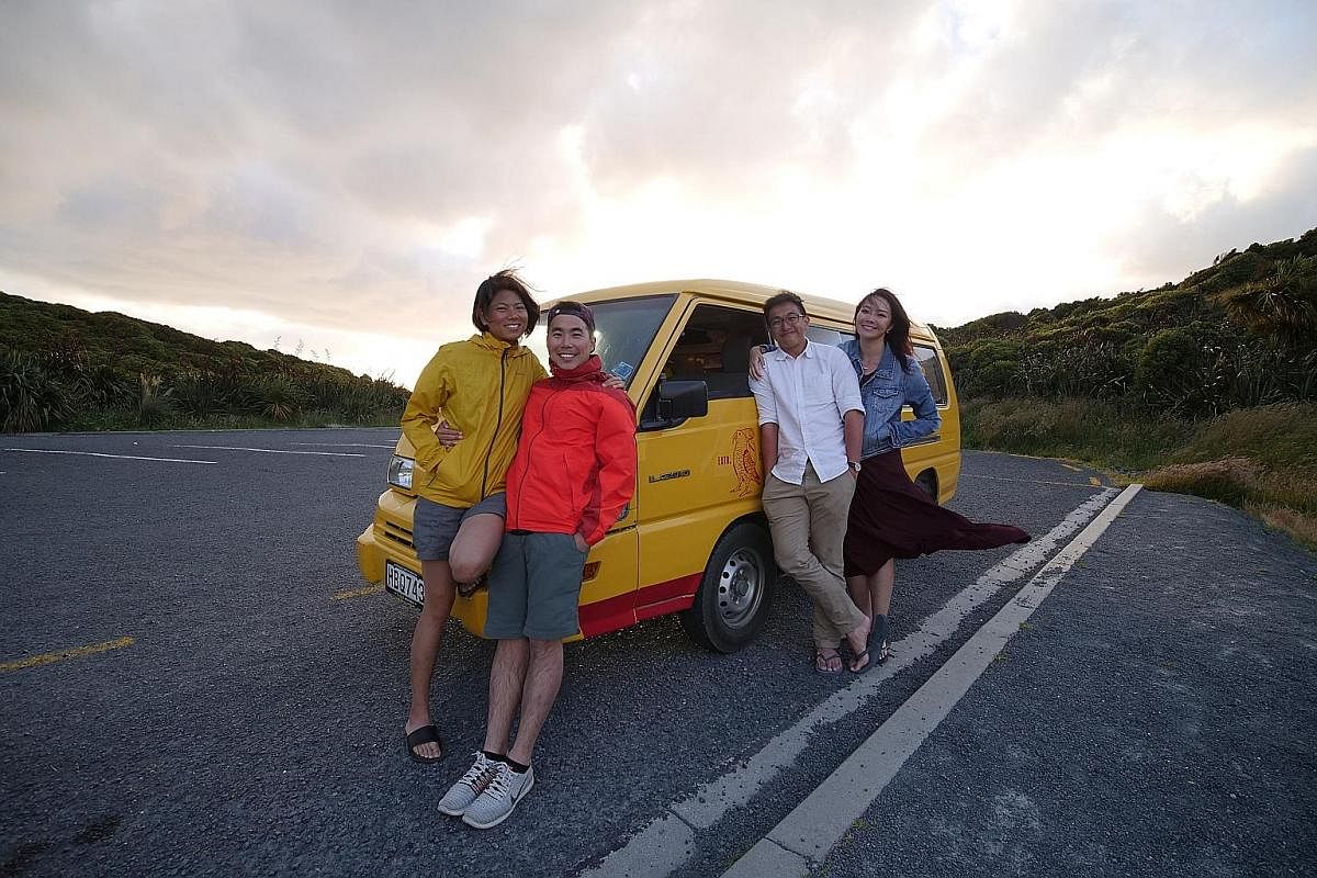 While driving around New Zealand in an old DHL van, Mr Lester Lee and Ms Charmaine Goh (both far left) also took on jobs like shooting pre-wedding photographs. They are with a couple who used their photography service. 