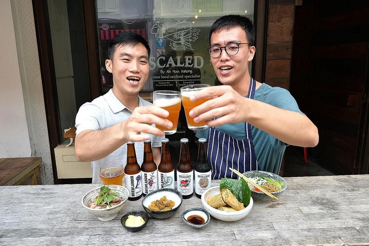 Brewlander master brewer John Wei (left) and Scaled by Ah Hua Kelong chef Kuah Kai Wen with some of the local food-and-beer pairings they are serving up at Beerfest Asia this year.