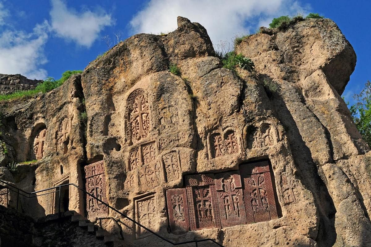 Part of the Geghard monastery (above) in Armenia is carved out of the adjacent mountain and the Sevanavank Monastery overlooks Lake Sevan.