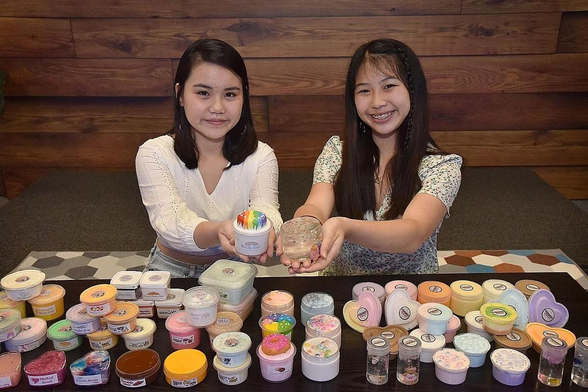 Students Ang Jia Xin (left) and Hannah Tan (right) are among the top-earning makers of slime here.