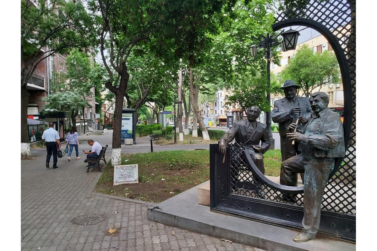 A street sculpture of Jivan Gasparyan, Vatche Hovsepyan and Levon Madoyan, who are masters of the duduk, an Armenian woodwind instrument made of apricot wood.