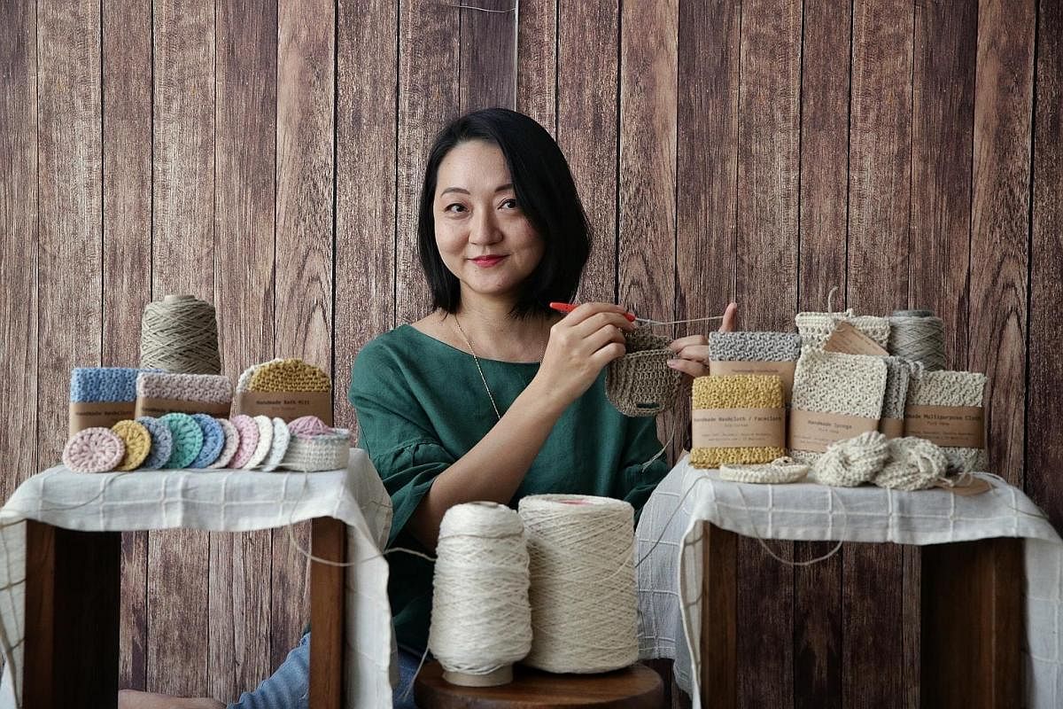 Ms Eileen Wan uses hemp, cotton and linen to knit and crochet household items. Ms Anchalee Temphairojana makes her beeswax wraps by hand at home.
