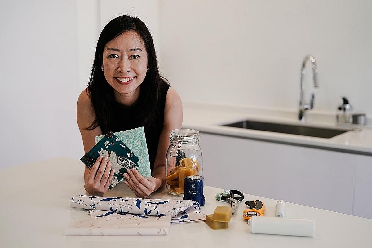 Ms Eileen Wan uses hemp, cotton and linen to knit and crochet household items. Ms Anchalee Temphairojana makes her beeswax wraps by hand at home.