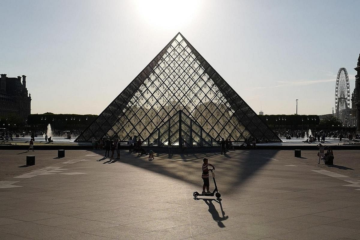 Far left: A boy riding an e-scooter in front of The Louvre's Pyramid in Paris. Such devices are especially popular among foreign visitors and are often seen parked outside the city's tourist sights. Left: A car colliding with a mannequin on an e-scoo