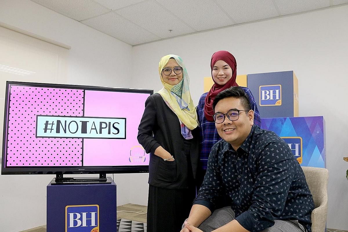 Good Hang (above) by Jon Cancio (left) and singer Nathan Hartono has been around since 2015. #NoTapis, which climbed to No. 3 on Spotify Podcast Charts, is produced by Berita Harian journalists (from left) Shahida Sarhid, Siti Aisyah Nordin and Nazri