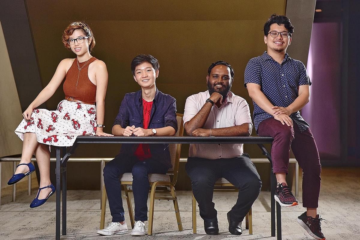 Young playwrights whose plays will be staged at The Wright Stuff Festival, by Toy Factory Productions, include (above from left) Gina Chew, Titus Yim, Rajkumar Thiagaras and Mark Benedict Cheong. Educator Zenda Tan (left) had her play Eat Duck staged