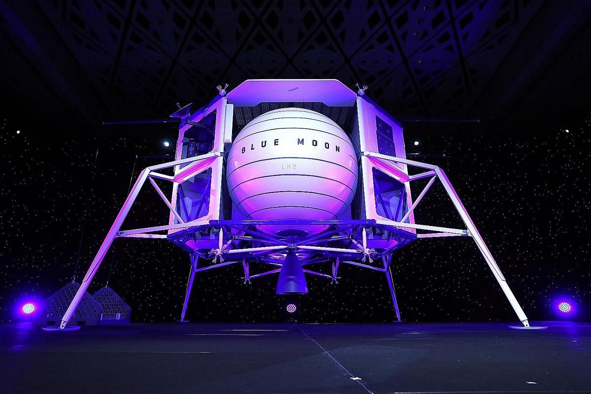 A new lunar landing module called Blue Moon being unveiled at the Washington Convention Centre in May. Mr Jeff Bezos, owner of Blue Origin, said the module will be used to land humans on the Moon. Nasa rolling back the Artemis launch tower from Pad 3