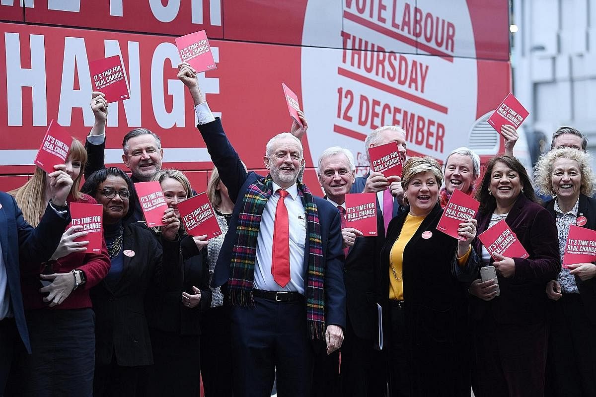 Britain's opposition Labour Party leader Jeremy Corbyn (centre) launching his party's manifesto in Birmingham last Thursday. Mr Corbyn's history of far-left revolutionary leanings and his present vacillating policy over Brexit have split the voters w